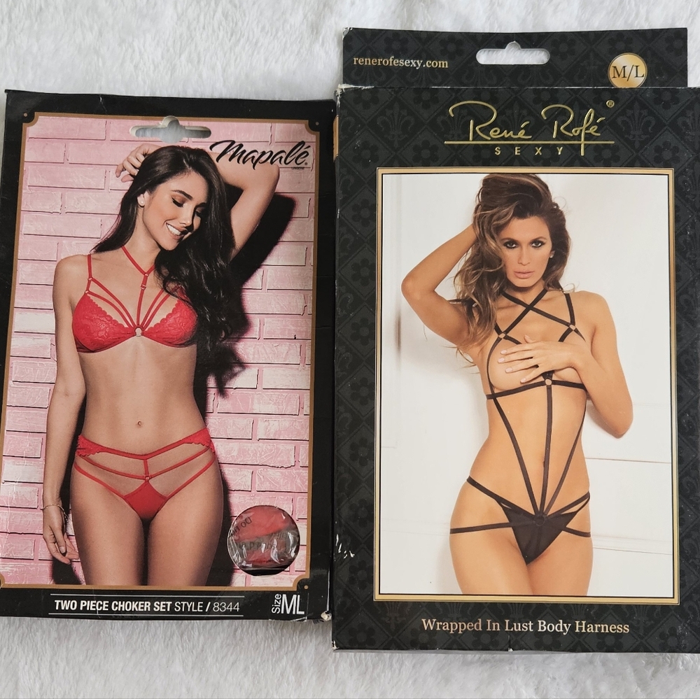 Mapale Red Lace Choker Bra Set And Black Body Harness M/L